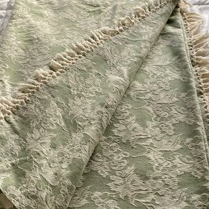 Vintage April Cornell Green/ Cream Cotton Blanket Fringe 87 X 63”